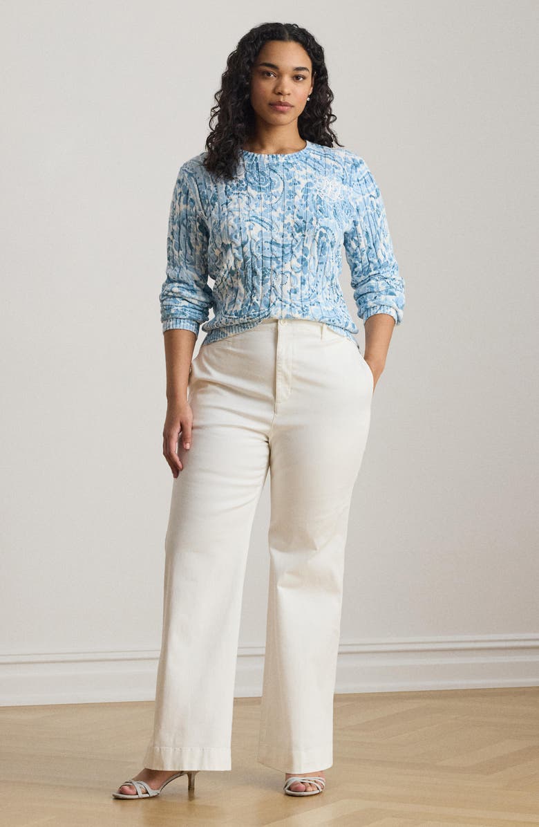 Lauren Ralph Lauren Paisley Cable Stitch Cotton Crewneck Sweater, Alternate, color, White/ Blue Multi