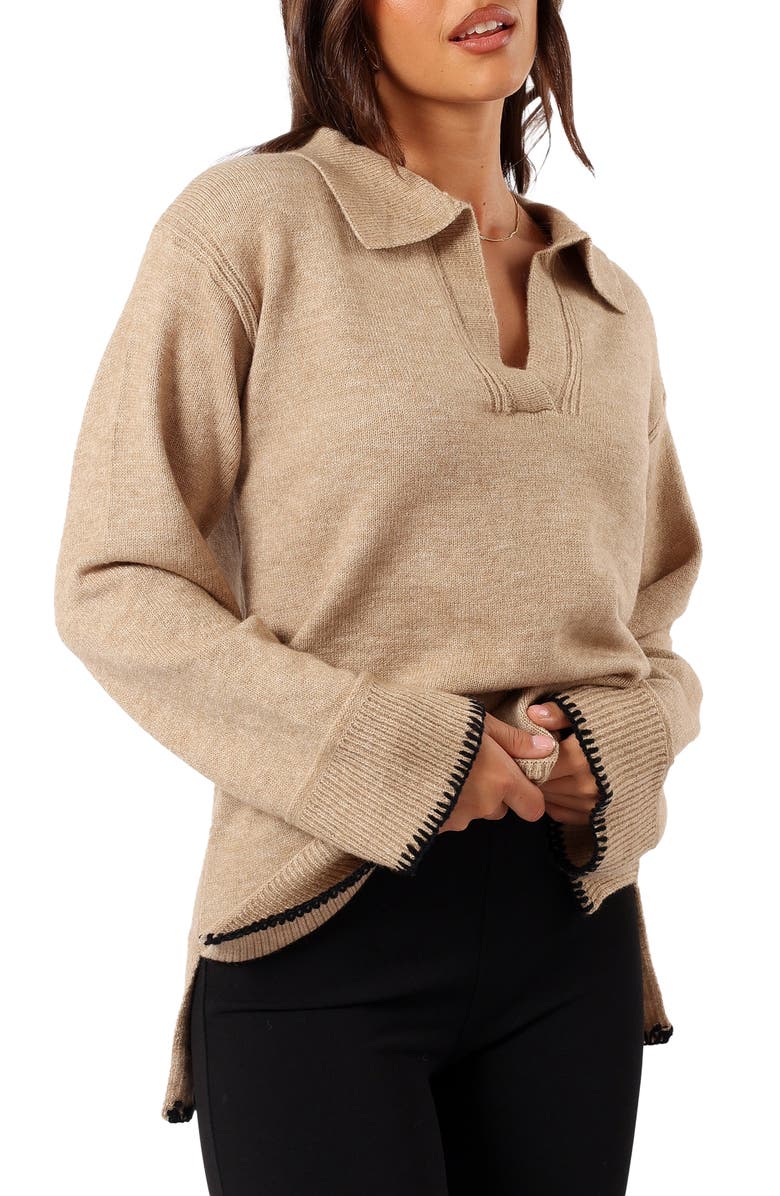Petal & Pup Elise Blanket Stitch Johnny Collar Sweater, Alternate, color, Taupe