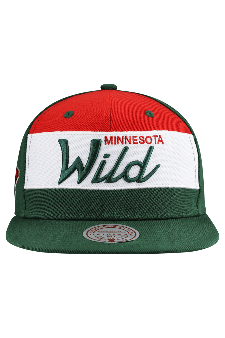 Men's Mitchell & Ness Green Minnesota Wild Retro Script Colorblock Snapback Hat, Alternate, color, Green