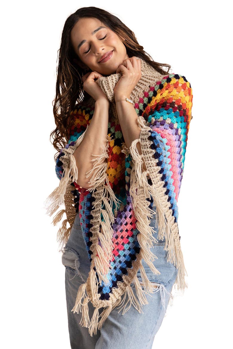Earth to Sky Rainbow Stripe Crochet Poncho, Alternate, color, BEIGE