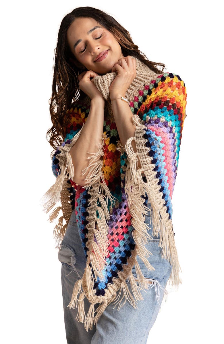 SAACHI Earth to Sky Rainbow Stripe Crochet Poncho, Alternate, color, Beige