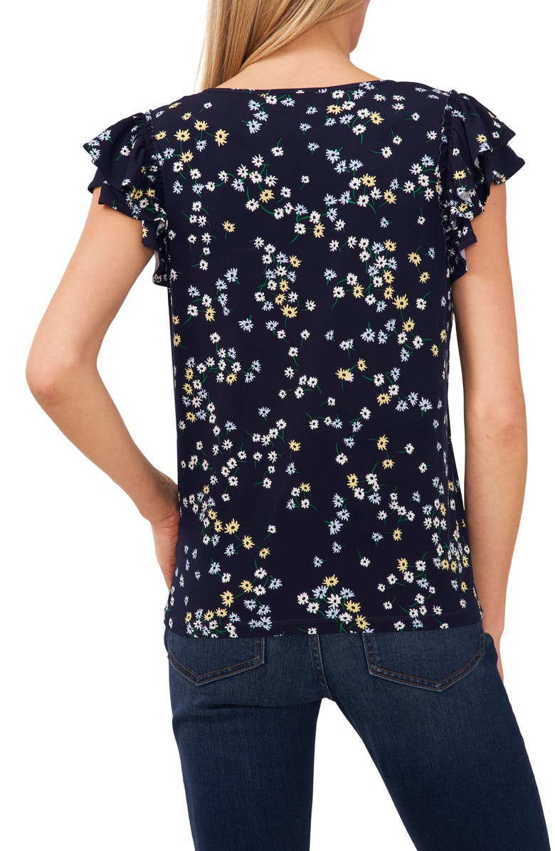 CeCe Floral Print Double Ruffle Sleeve Top, Alternate, color, Navy J