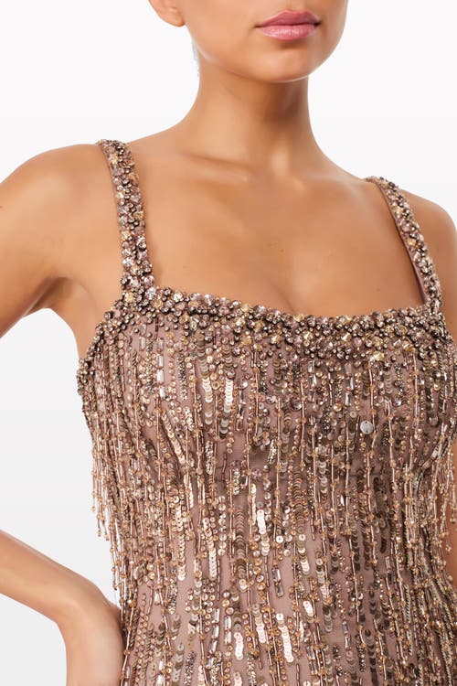 Jenny Packham Sequin-embellished Fringe-detail Maxi Dress In Brown