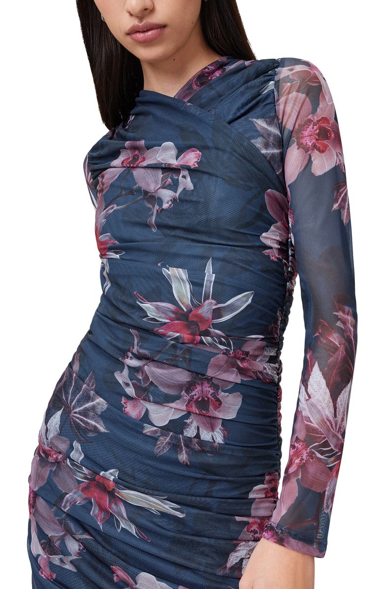 AllSaints Hanako Long Sleeve Mesh Midi Dress, Alternate, color, Adena Deep Blue