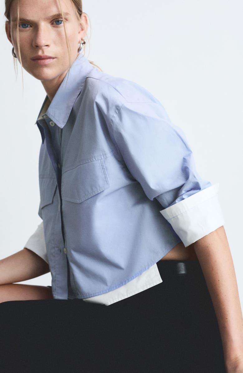 MANGO Contrast Trim Crop Cotton Button-Up Shirt, Alternate, color, 