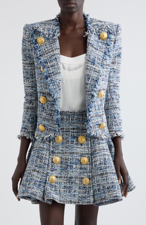 Balmain Edge To Edge Tweed Spencer Jacket In Light Blue