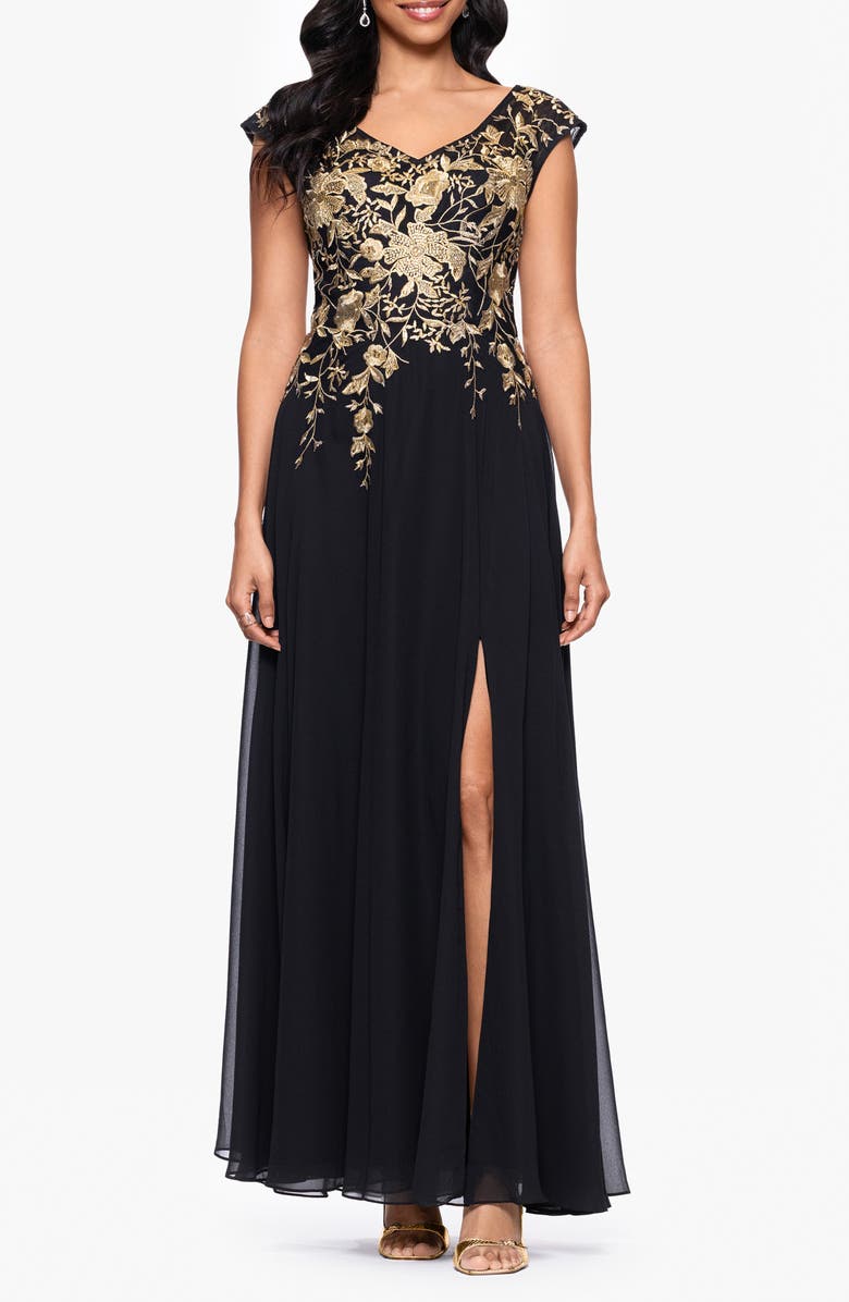 Betsy & Adam Embroidered Cap Sleeve Gown, Main, color,
