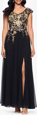 Betsy & Adam Embroidered Cap Sleeve Gown