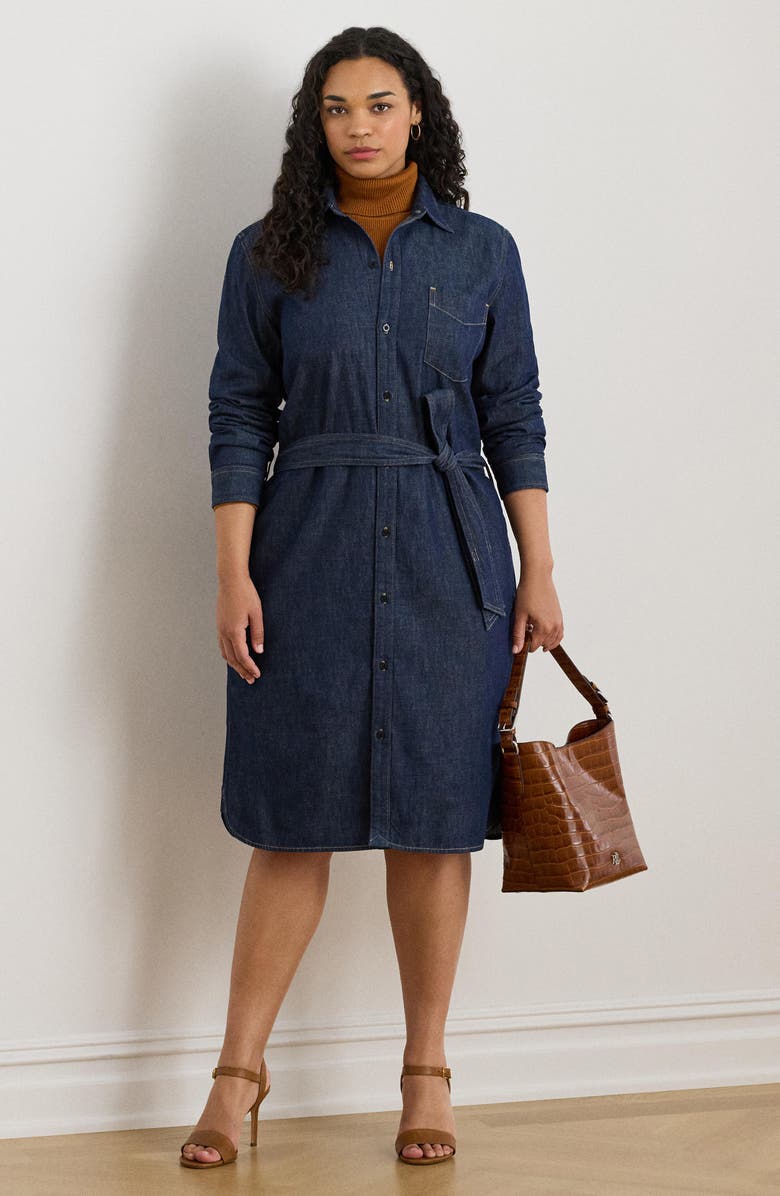 Lauren Ralph Lauren Jameika Tie Waist Long Sleeve Denim Shirtdress, Alternate, color, Pure Rinse Wash