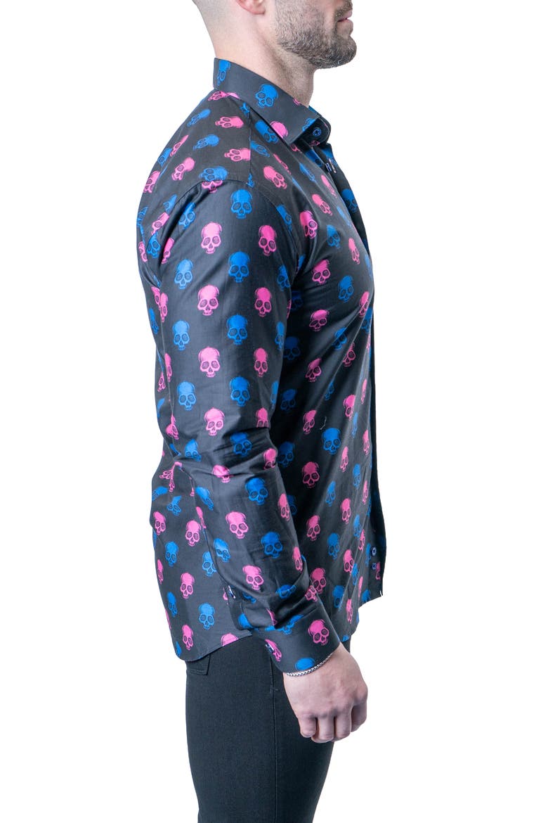 Fibonacci Skull Print Contemporary Fit Button-Up Shirt, Alternate, color, BLACK