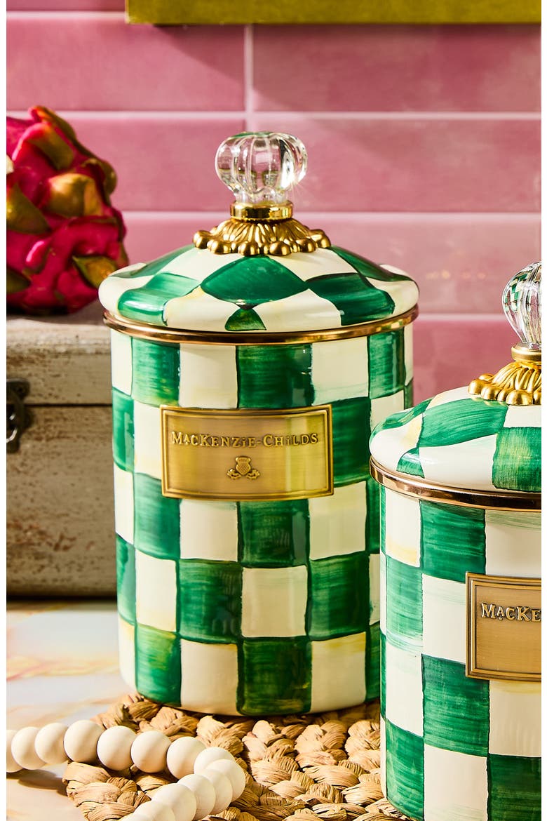 Emerald Check Medium Enameled Steel Canister, Alternate, color, EMERALD