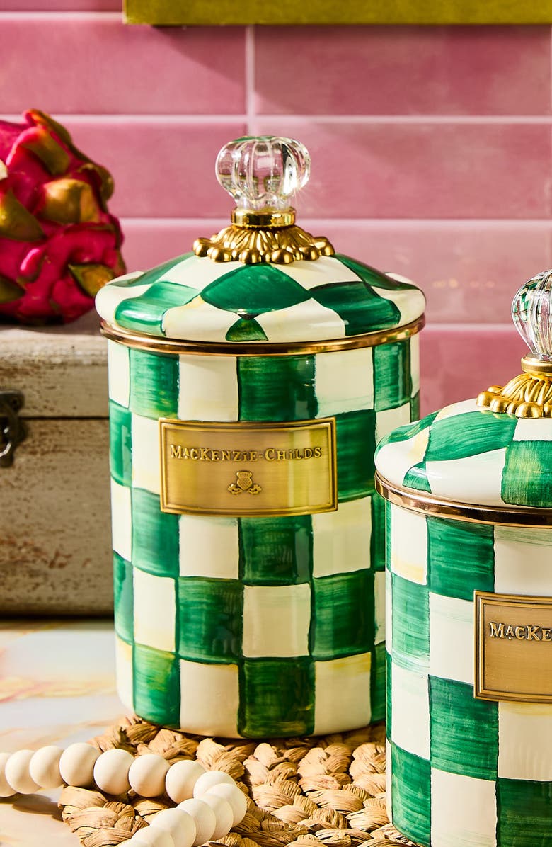 MACKENZIE CHILDS Emerald Check Medium Enameled Steel Canister, Alternate, color, Emerald