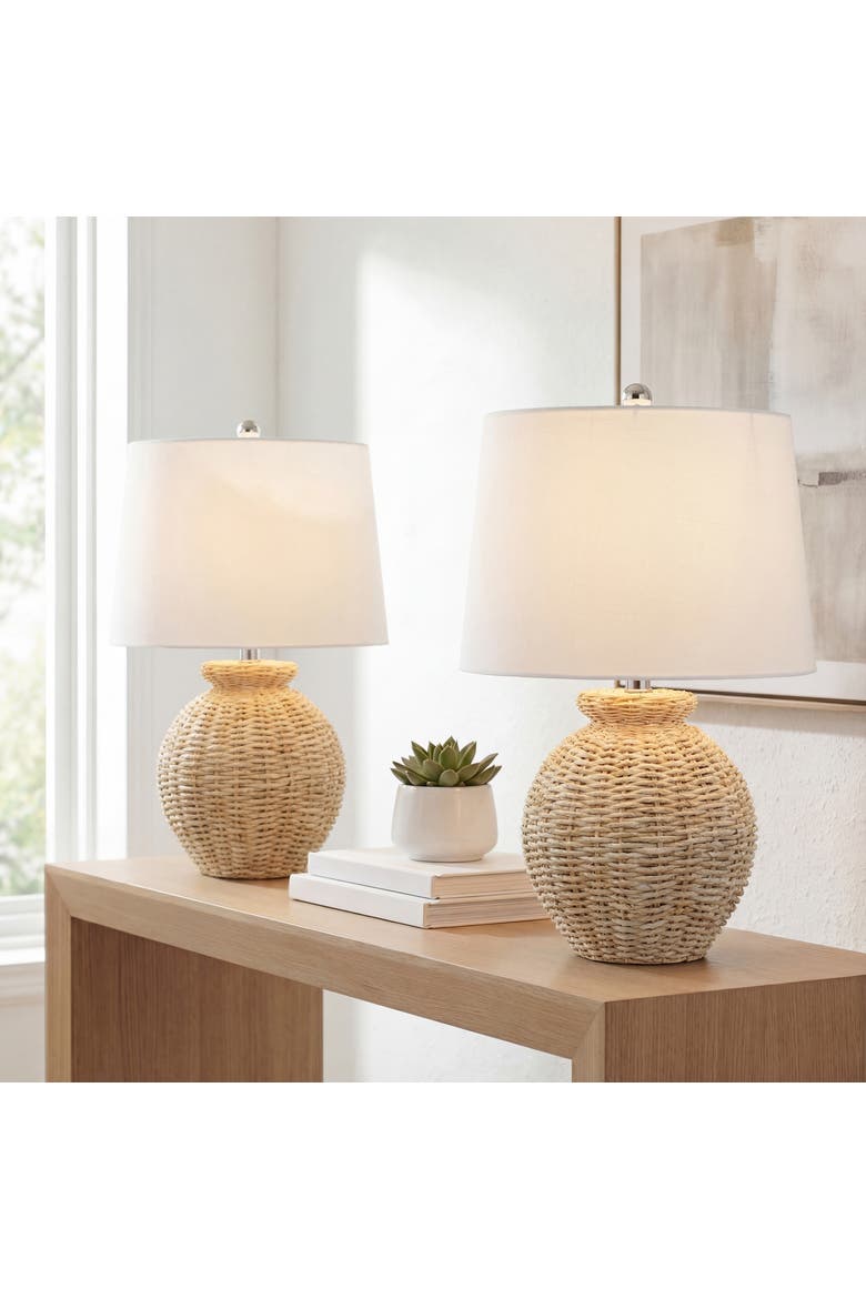 Nora 22" Rustic Coastal Rattan Globe LED Table Lamps, Brown, Main, color, Brown