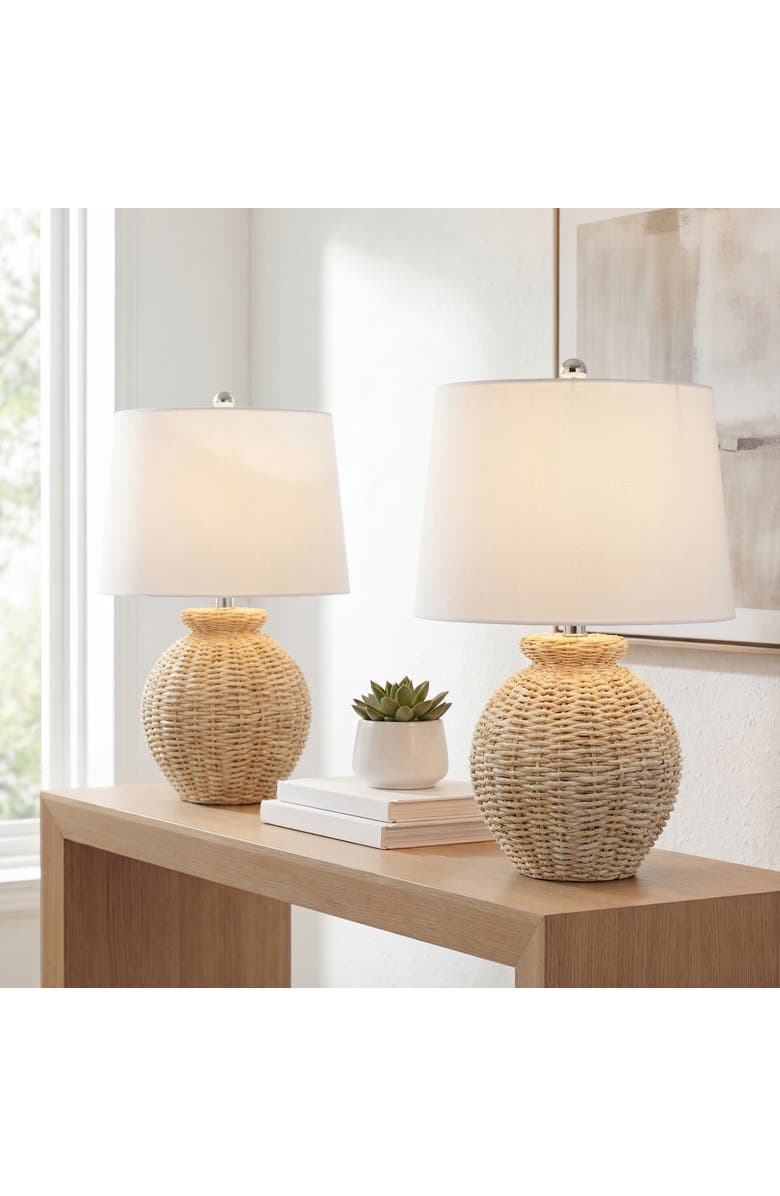 JONATHAN Y Nora 22" Rustic Coastal Rattan Globe LED Table Lamps, Brown, Main, color, Brown
