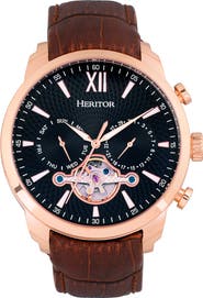 Heritor Automatic Arthur Semi-Skeleton Leather-Band Watch w/ Day/Date