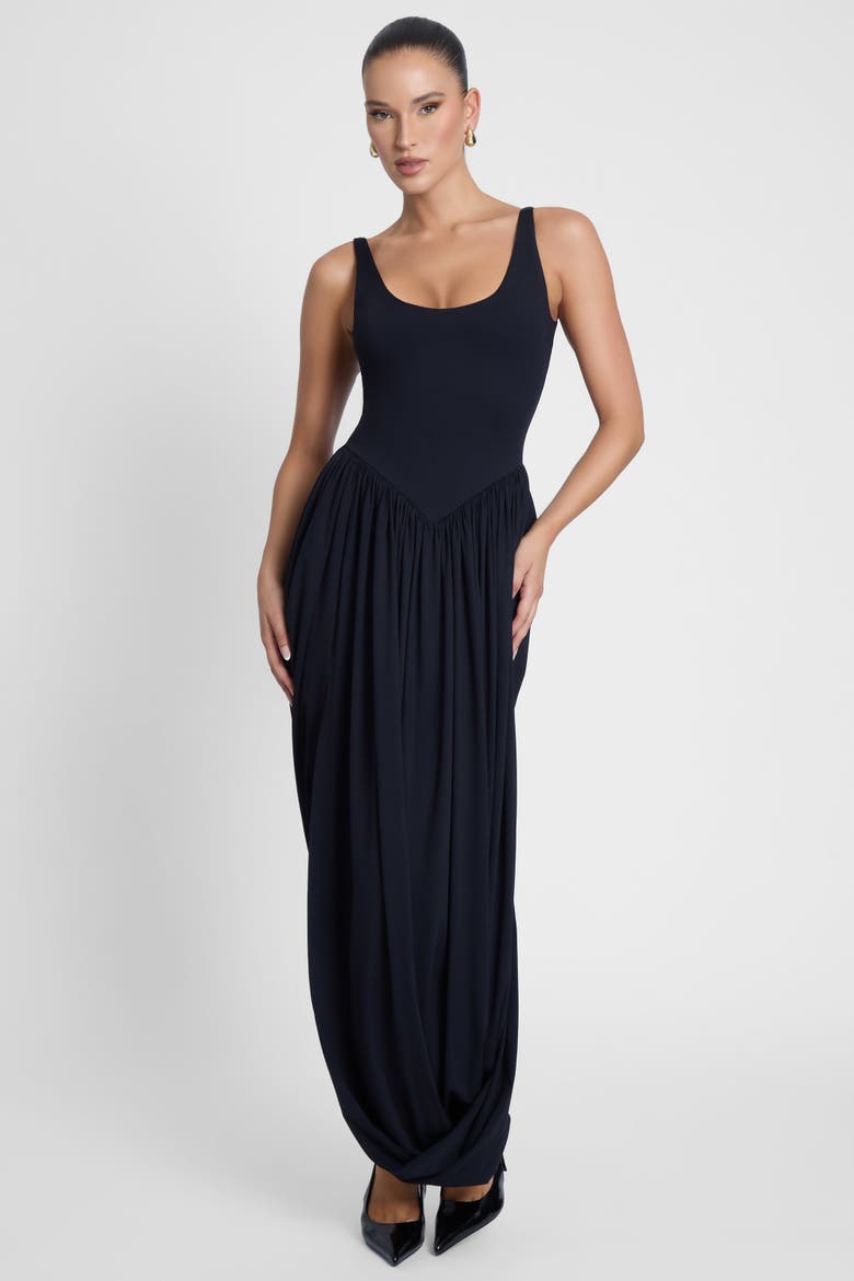 Dionysus Sculpt Drape Midi Dress, Alternate, color, Black