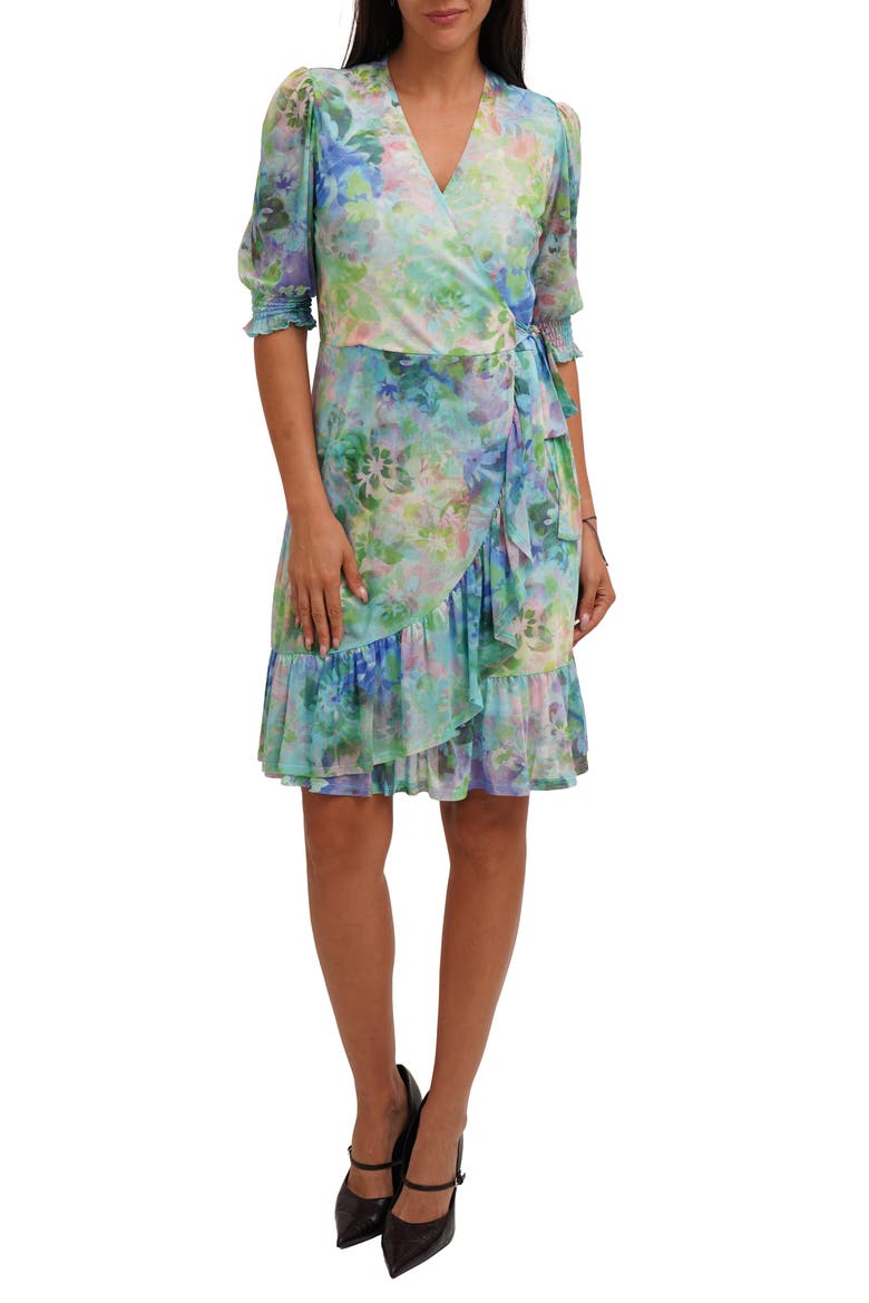 Floral Ruffle Trim Mesh Wrap Dress, Main, color, FIONA