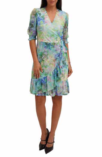 SUNNY LEIGH Floral Ruffle Trim Mesh Wrap Dress