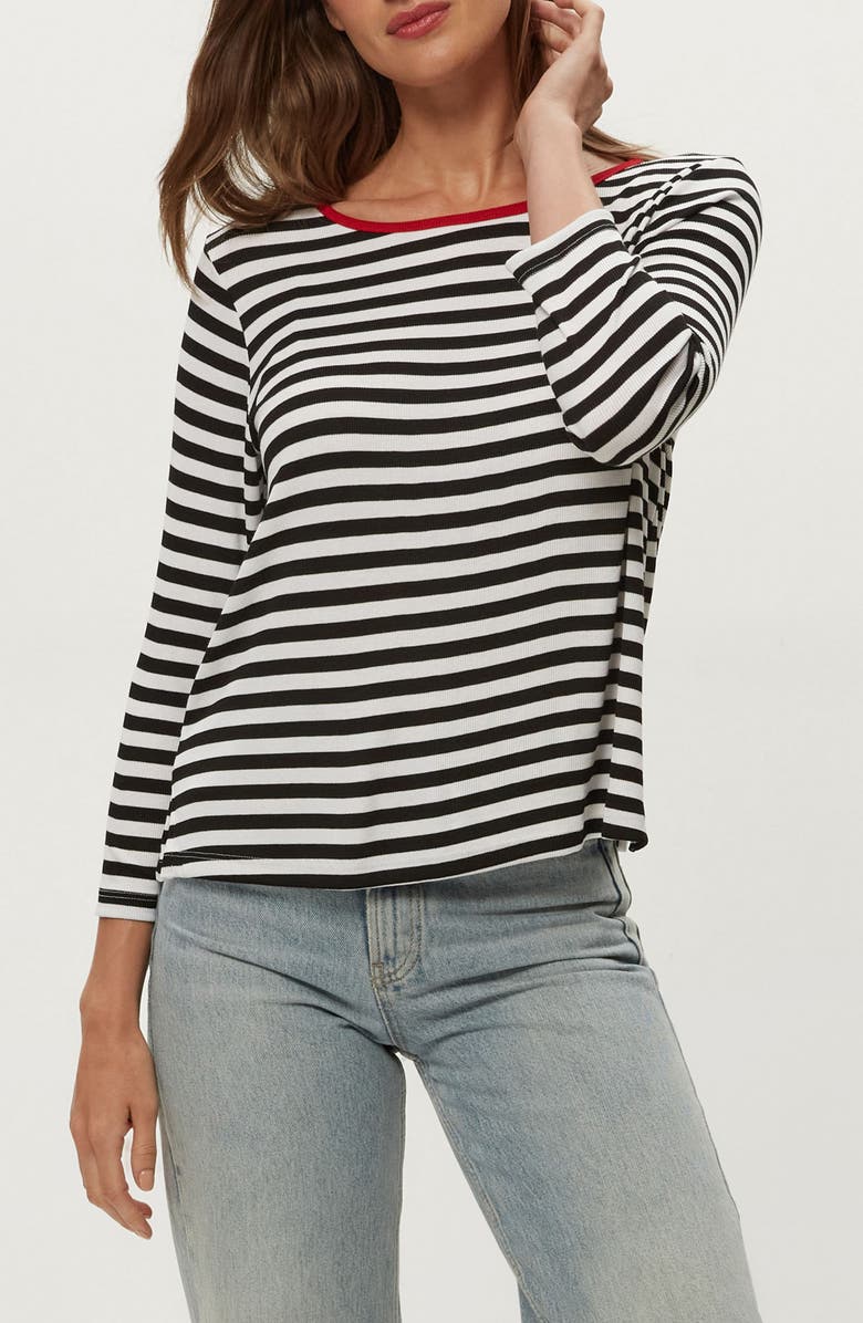 Michael Stars Amelee Ringer Boatneck Top, Alternate, color, Black/ White/ Lacquer