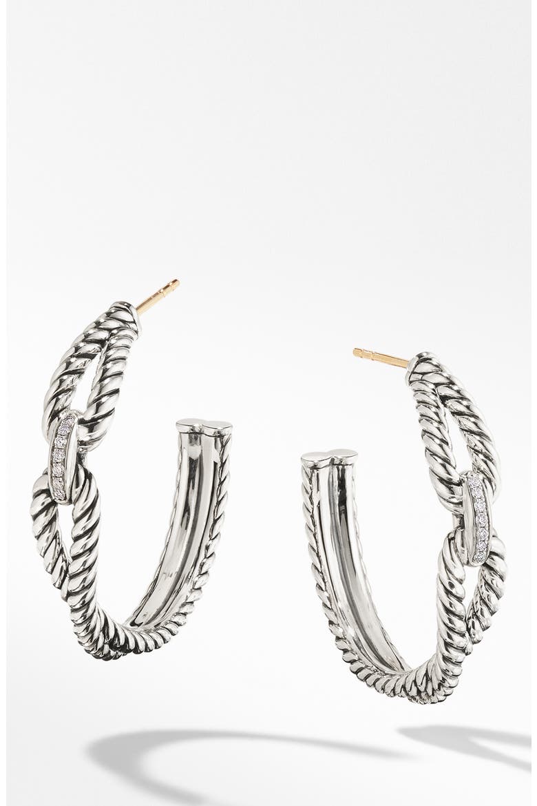 Cable Loop Hoop Earrings with Diamonds, Main, color, STERLING SILVER/ DIAMOND