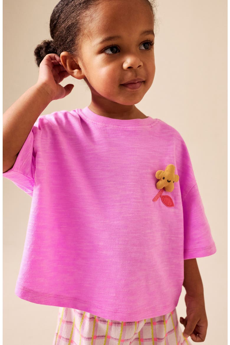 Kids' Plush Flower Appliqué T-Shirt & Check Shorts Set, Alternate, color, PINK