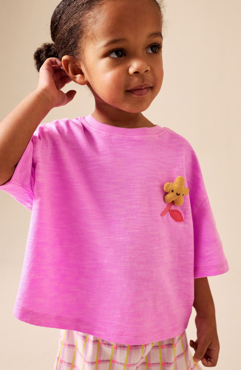 NEXT Kids' Plush Flower Appliqué T-Shirt & Check Shorts Set, Alternate, color, Pink