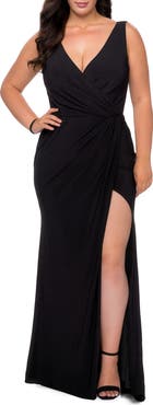 La Femme Jersey Plus Size Dress with V-Neckline and Slit