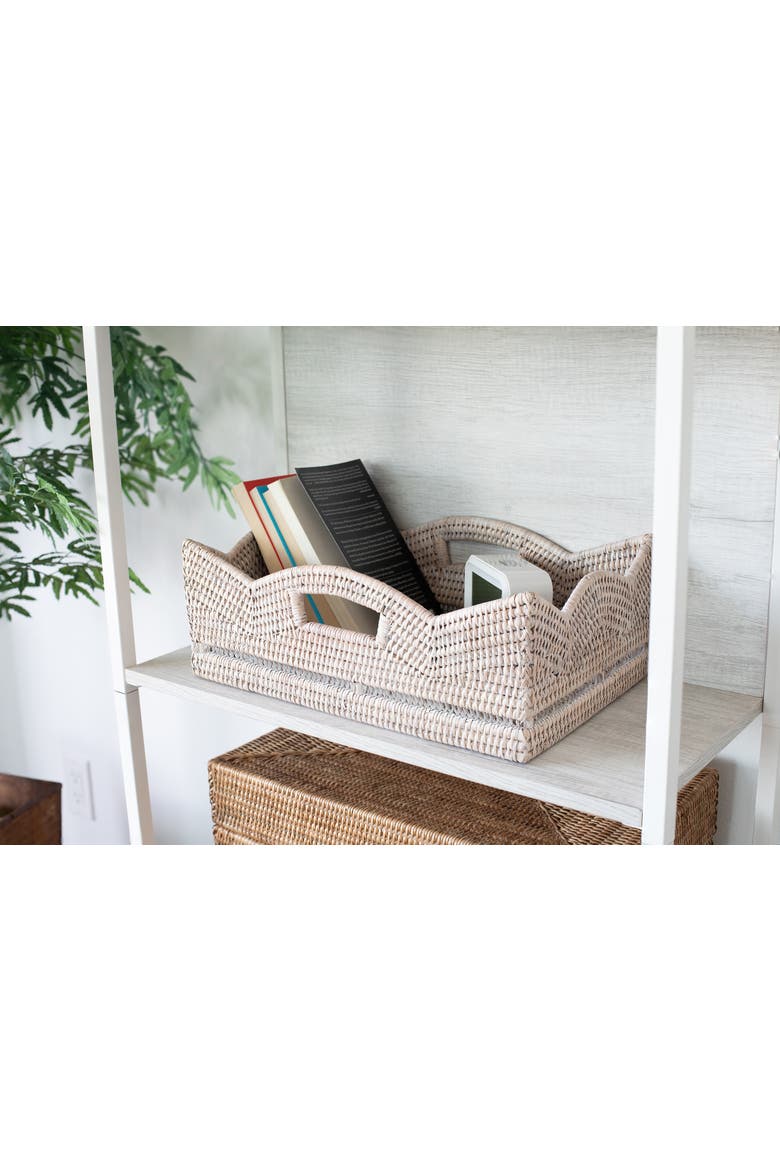 Artifacts Rattan Rectangular Scalloped Shelf Basket, Alternate, color, White Wash