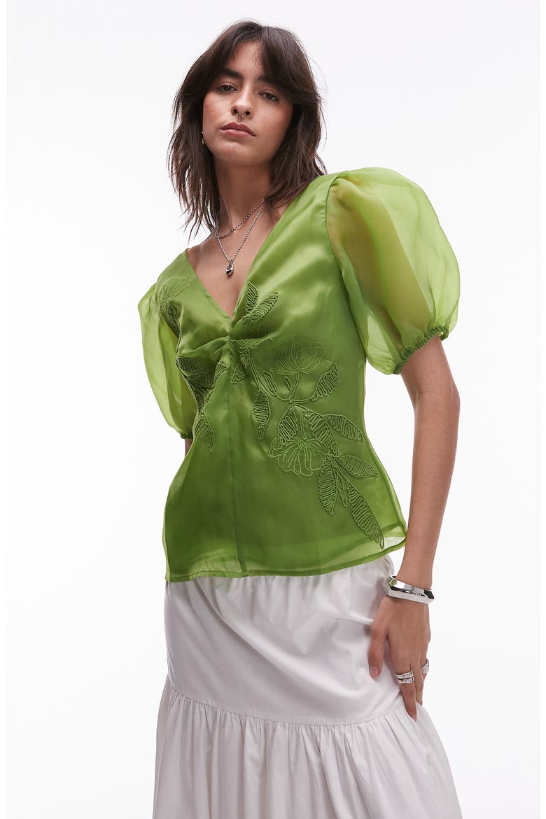 Embroidered Puff Sleeve Top, Main, color, MEDIUM GREEN