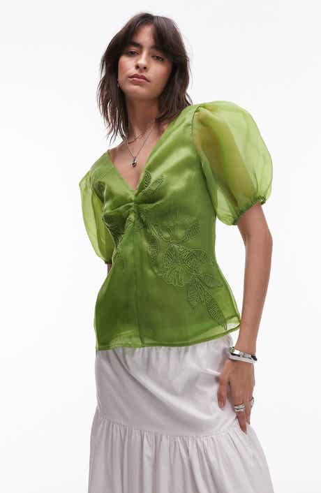 Topshop Embroidered Puff Sleeve Top