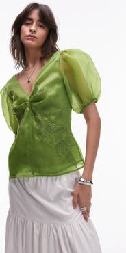 Topshop Embroidered Puff Sleeve Top
