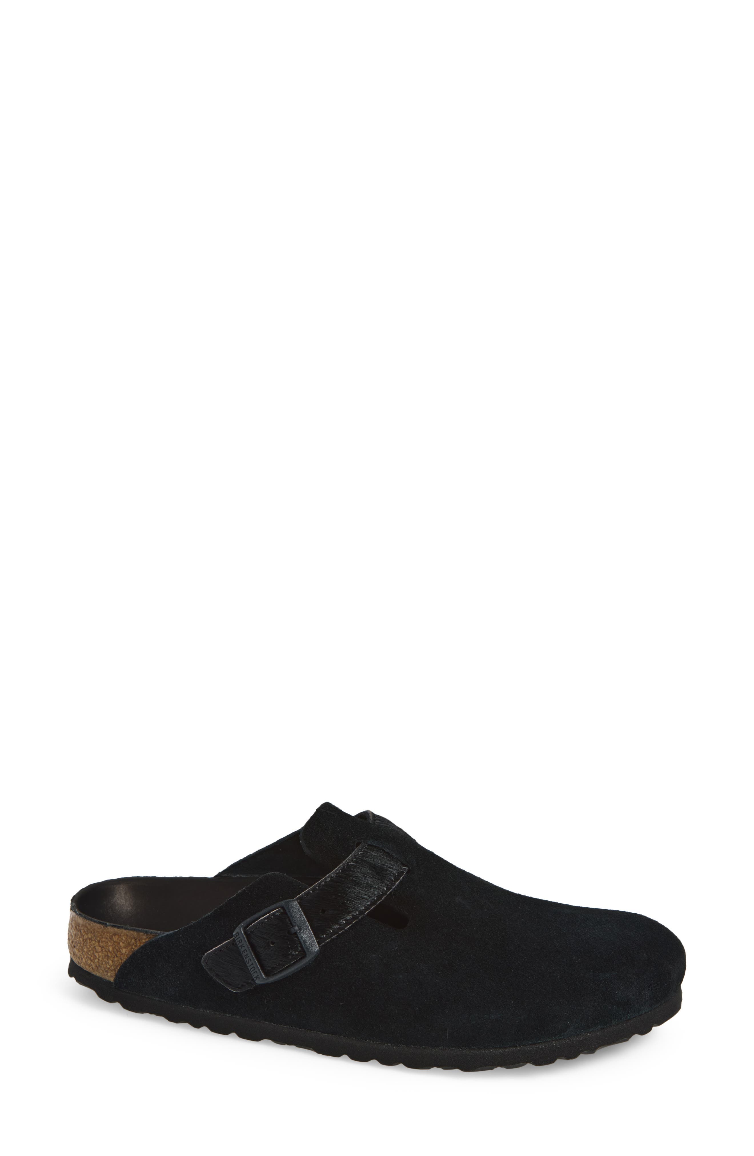 Boston Genuine Calf Hair Trim Clog, Main, color, BLACK
