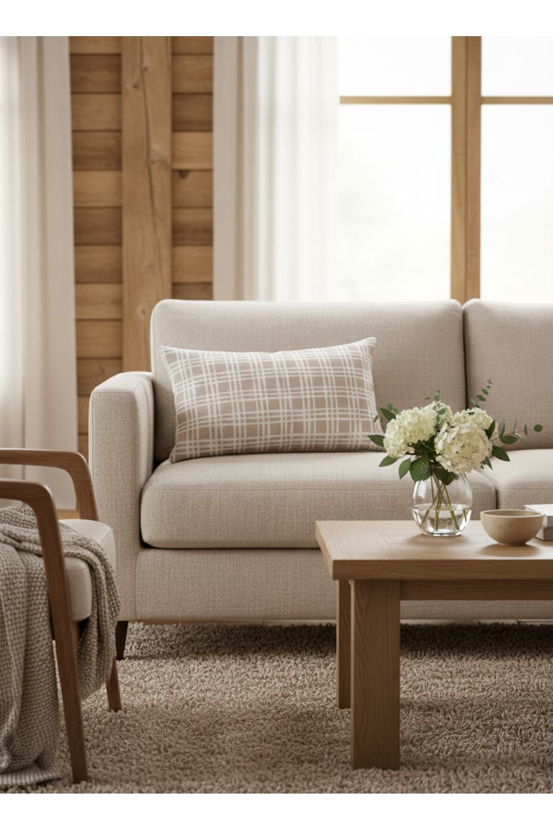 Estate Plaid Linen Pillow with Down Insert, Alternate, color, Beige