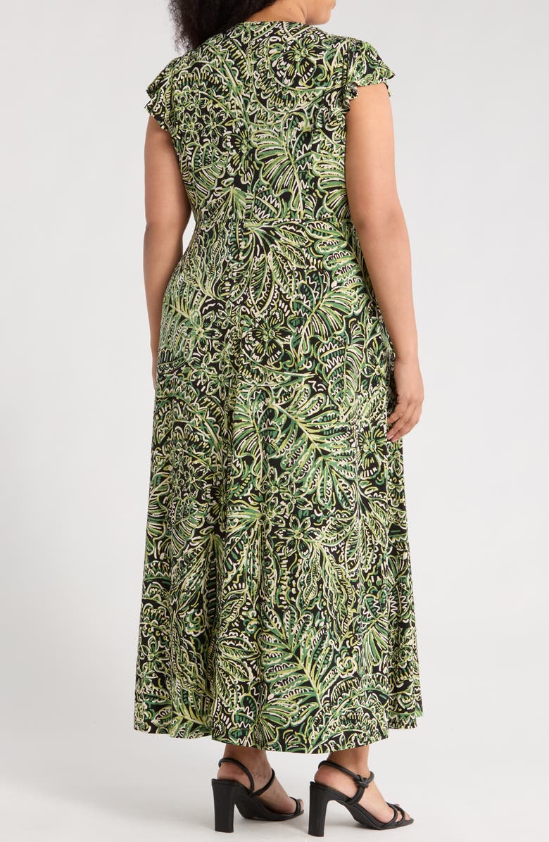 London Times V-Neck Flutter Sleeve Maxi Dress, Alternate, color, Black/ Green