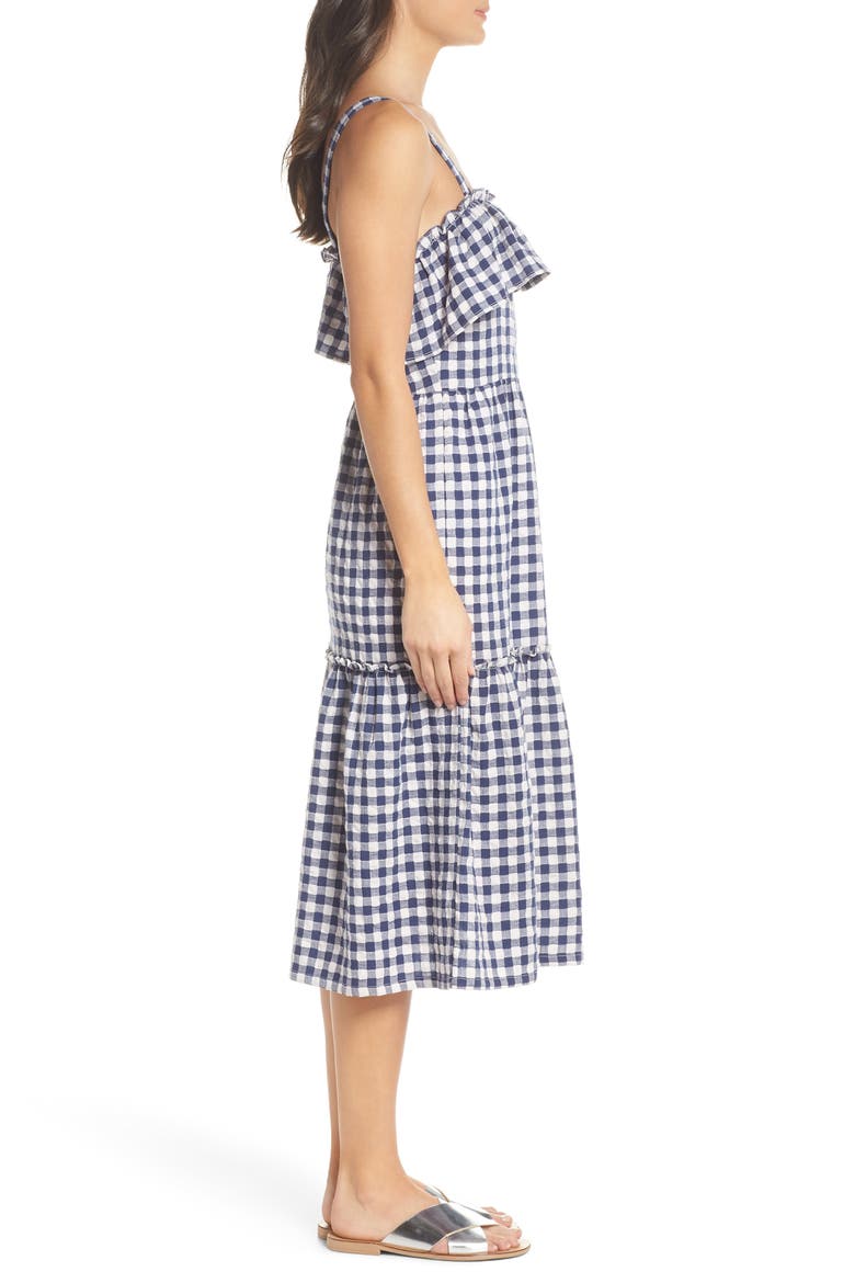 Tiered Gingham Midi Dress, Alternate, color, NAVY