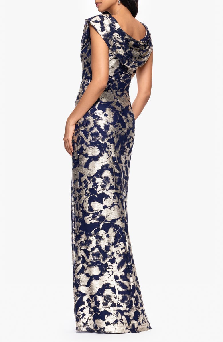 Betsy & Adam Metallic Floral Cowl Neck Sheath Gown, Alternate, color, Navy/ Gold