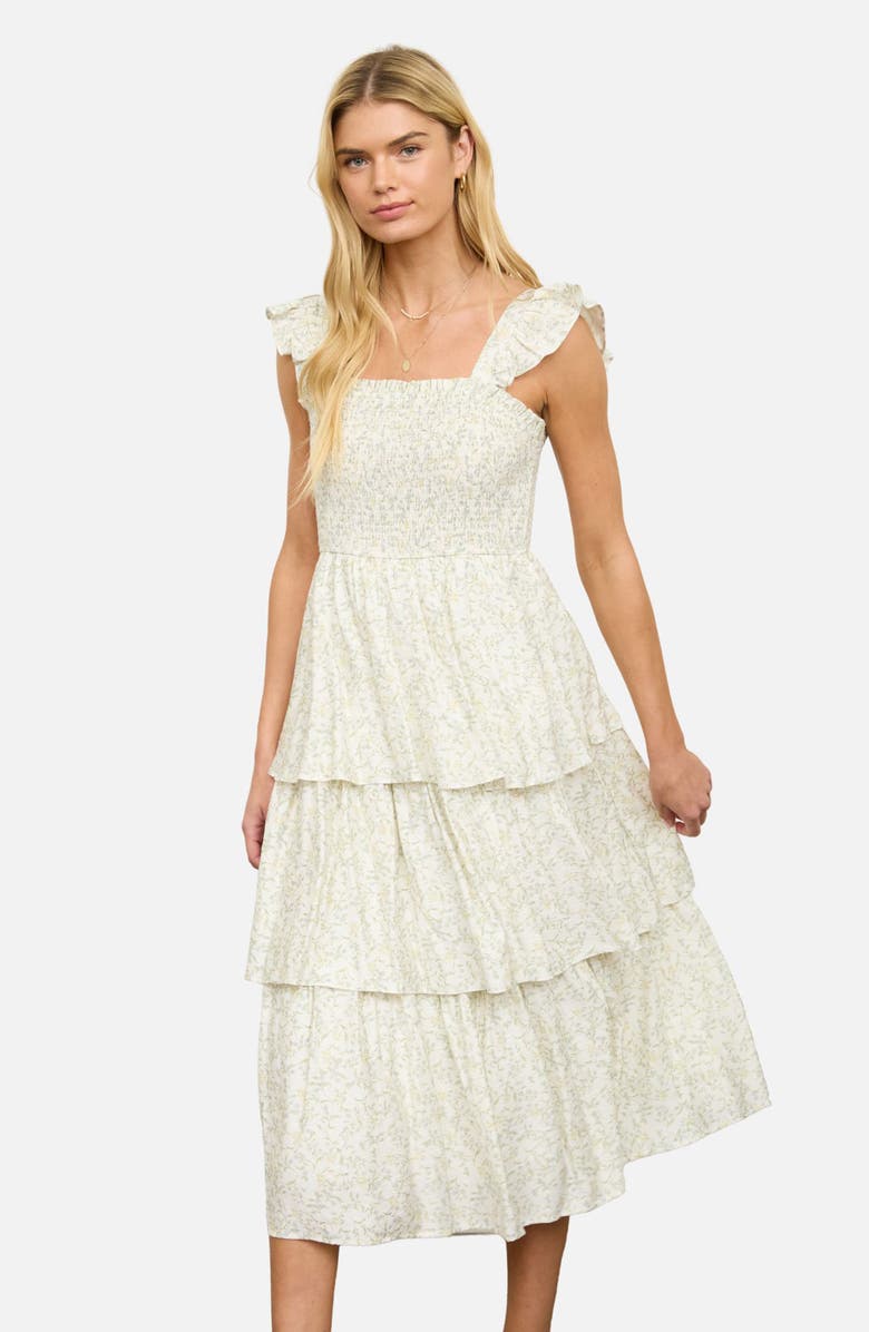 AUGUST SKY Smocked Tiered Midi Dress, Alternate, color, Ivory Multi