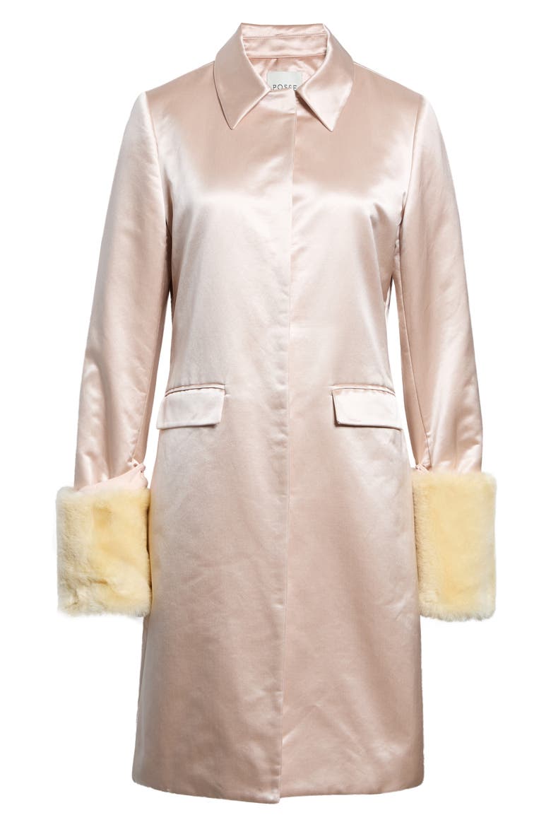 Chester Silk & Cotton Coat with Faux Fur Cuffs, Alternate, color, POWDER PINK