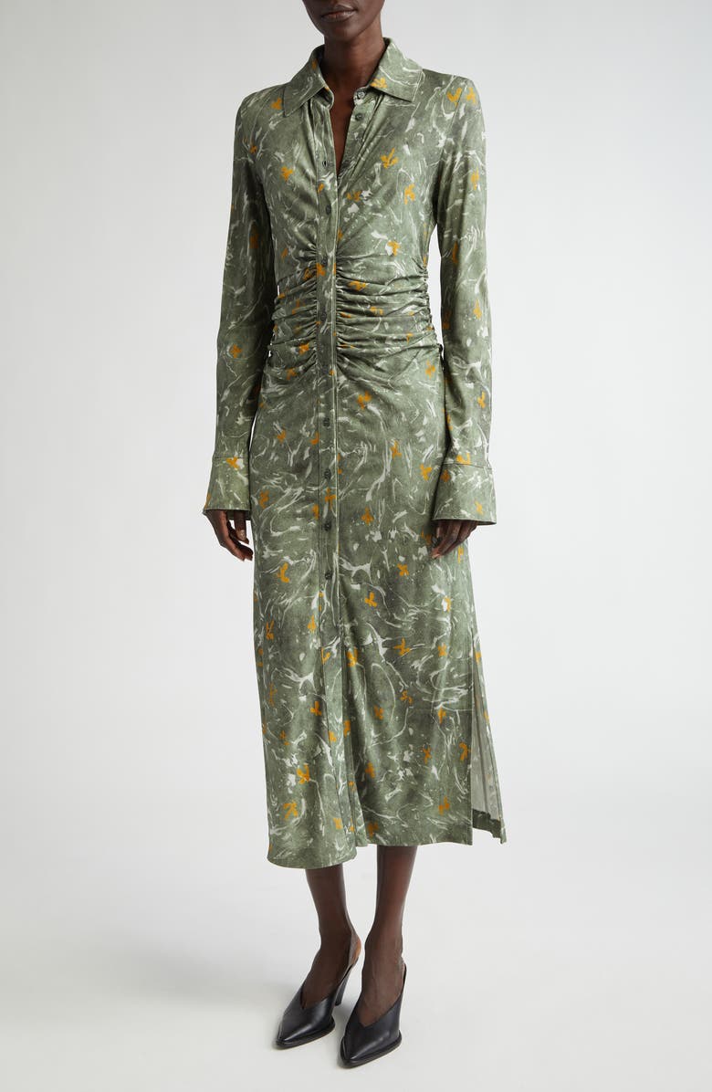 Altuzarra Claudia Marbled Floral Print Ruched Long Sleeve Jersey Shirtdress, Main, color,