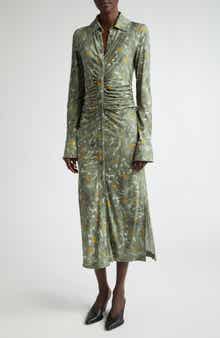 Altuzarra Claudia Marbled Floral Print Ruched Long Sleeve Jersey Shirtdress
