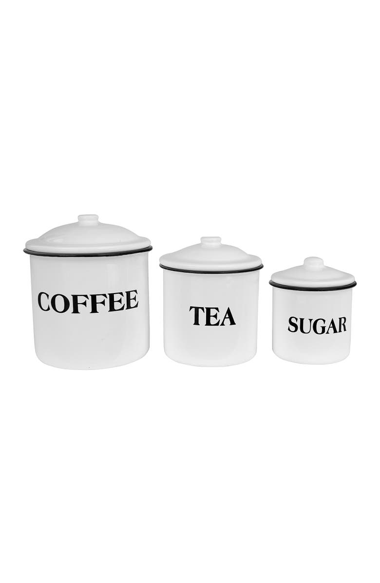 Storied Home Farmhouse Enameled Metal Containers with "Coffee", "Tea", and "Sugar" Messages, White and Black, Set of 3 Sizes, Main, color, White