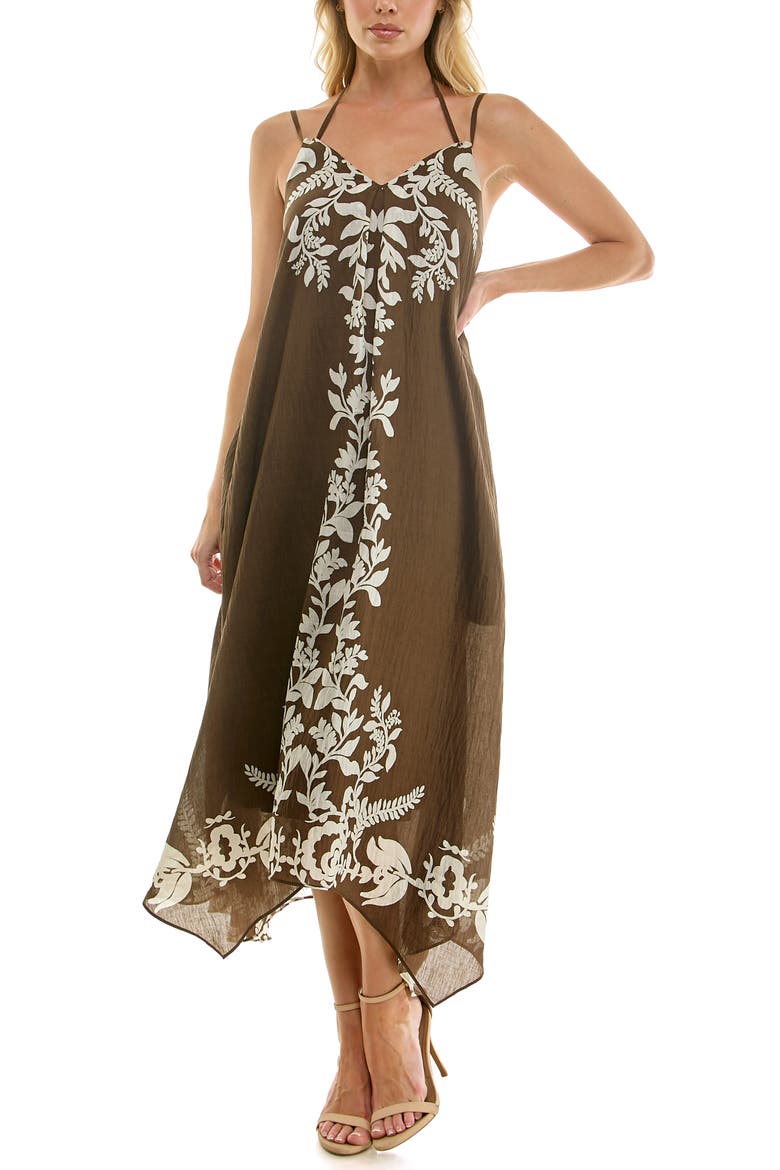 Placed Print Handkerchief Hem Dress, Main, color, BROWN/ IVORY