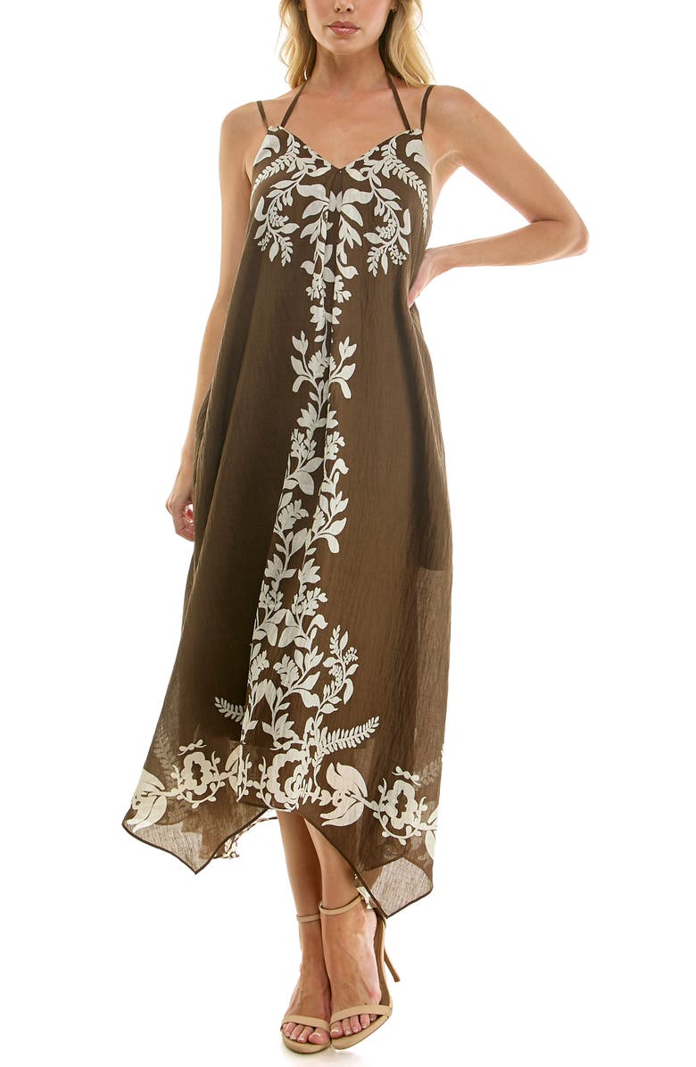 Socialite Placed Print Handkerchief Hem Dress, Main, color, Brown/ Ivory
