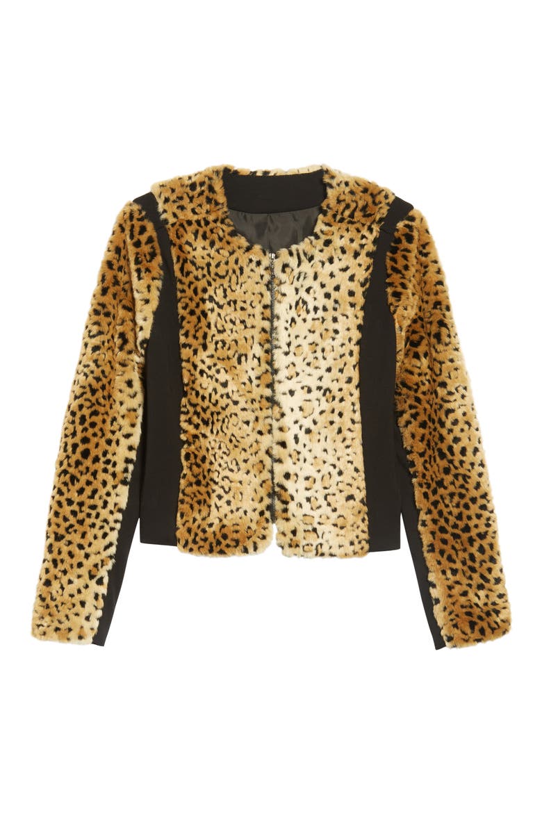 Faux Fur Leopard Jacket, Alternate, color, BEIGE/ BLACK