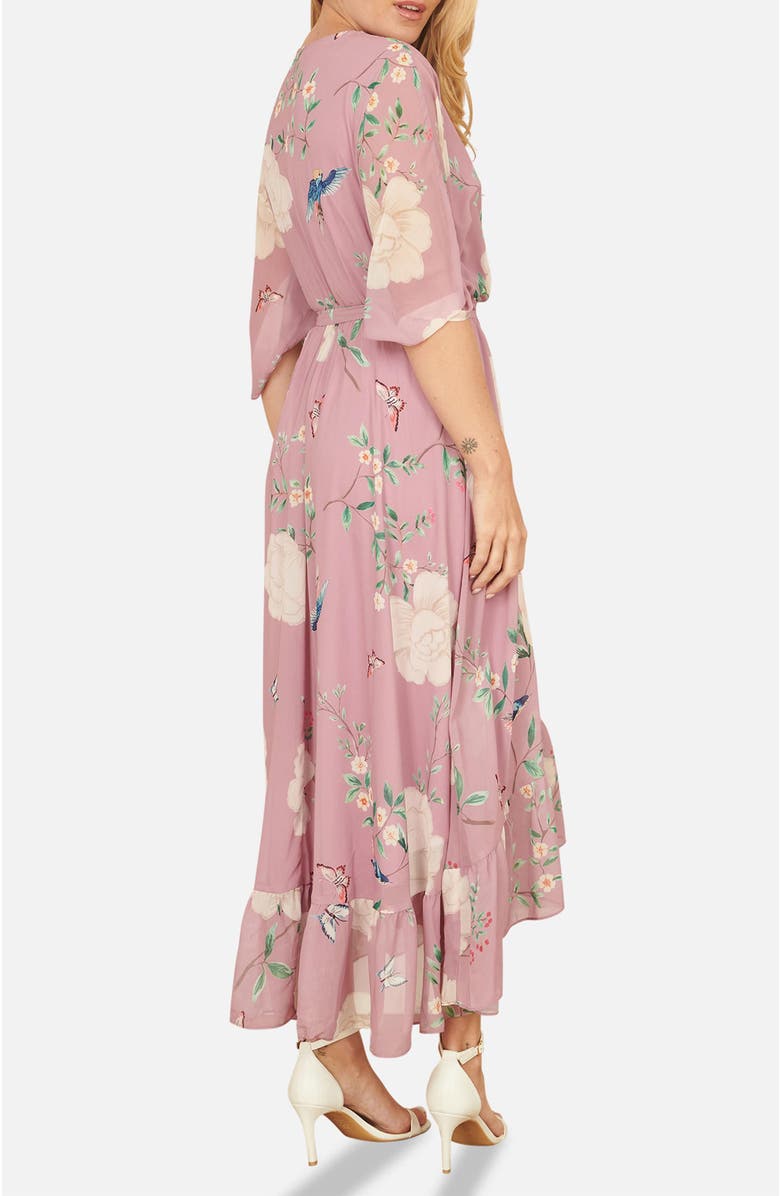 Yumi Bird And Floral Print Midi Wrap Dress, Alternate, color, Pink