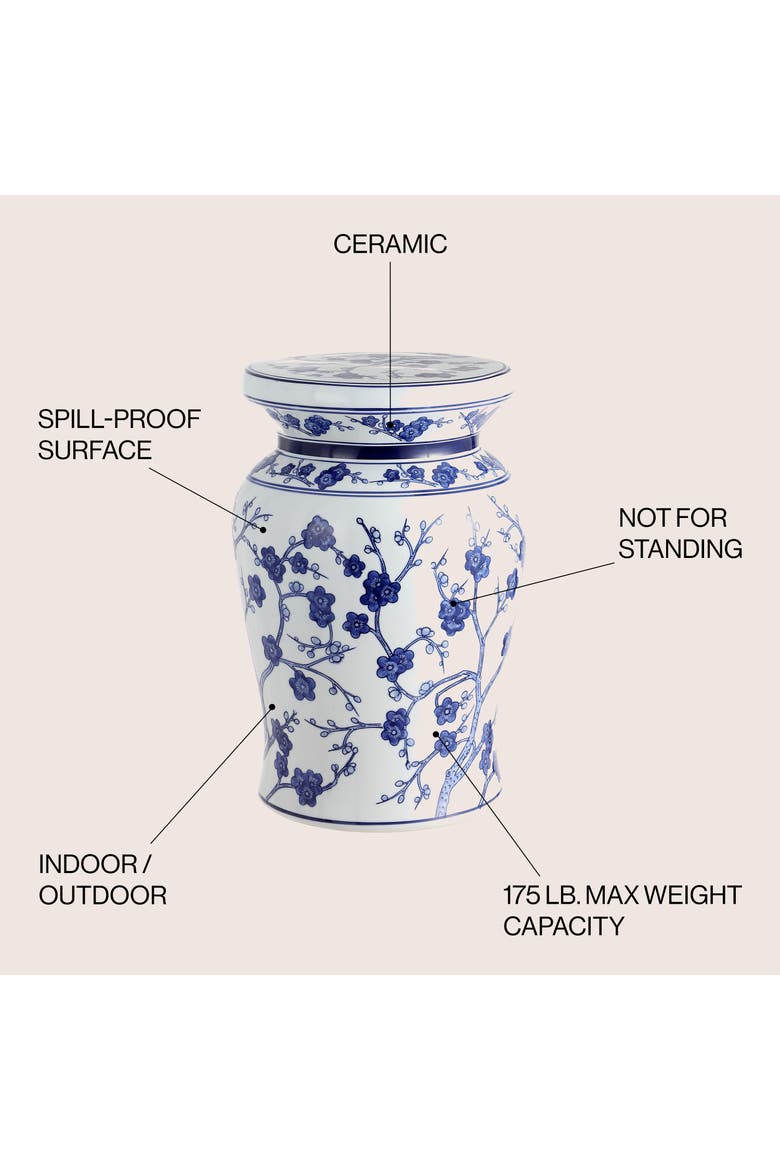 Cherry Blossom Traditional Chinoiserie Floral Ceramic Garden Stool, Indoor/Outdoor Patio Side Table, Accent Seat & End Table, Alternate, color, White/Blue