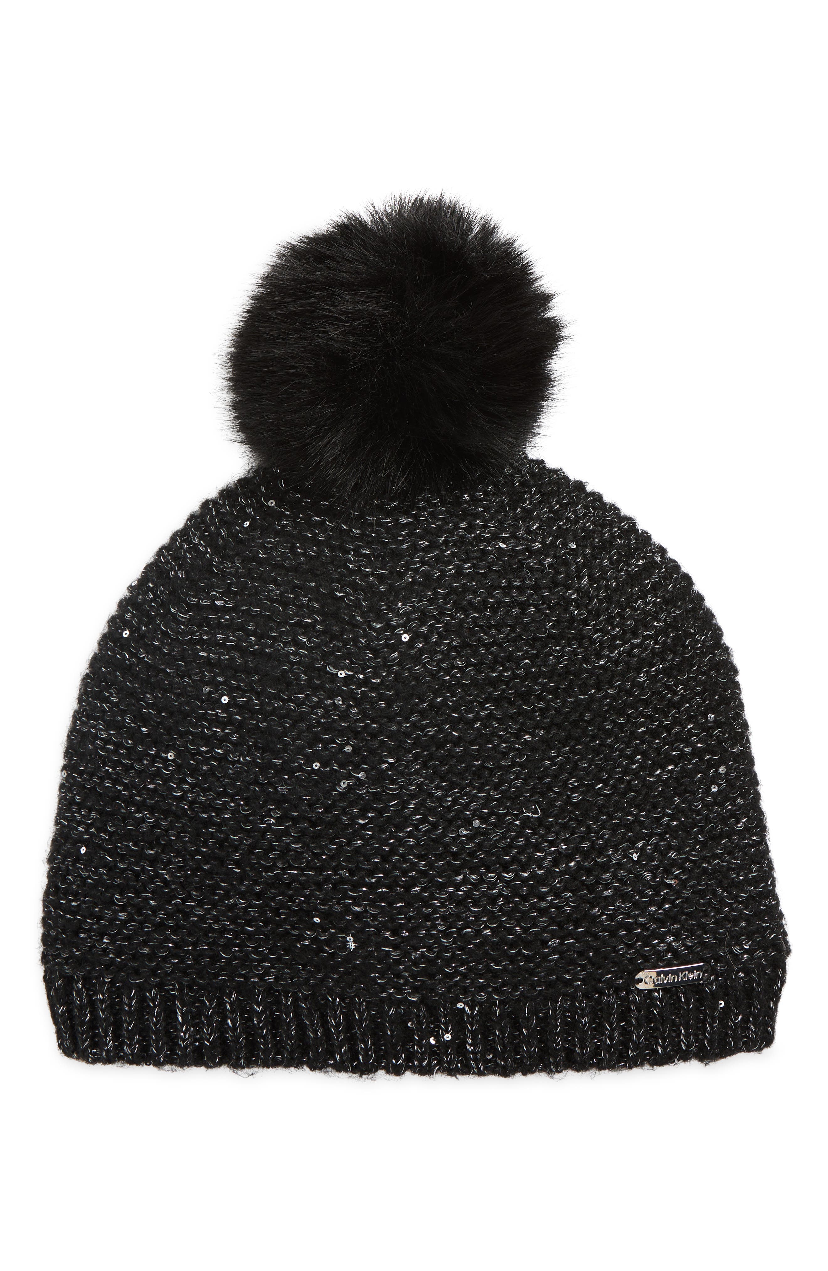 Calvin Klein Mini Sequin Faux Fur Pom Beanie