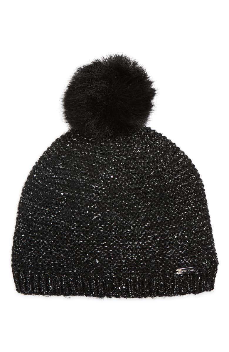 Calvin Klein Mini Sequin Faux Fur Pom Beanie, Main, color, Black