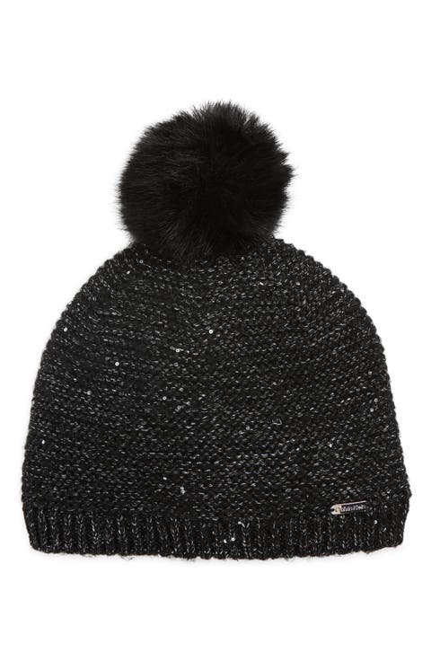 Mini Sequin Faux Fur Pom Beanie