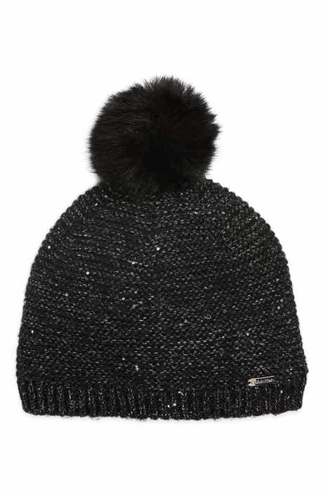 Calvin Klein Mini Sequin Faux Fur Pom Beanie